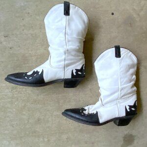 Vintage 1970s Womens Black and White Leather Mid Calf Cowboy Boots